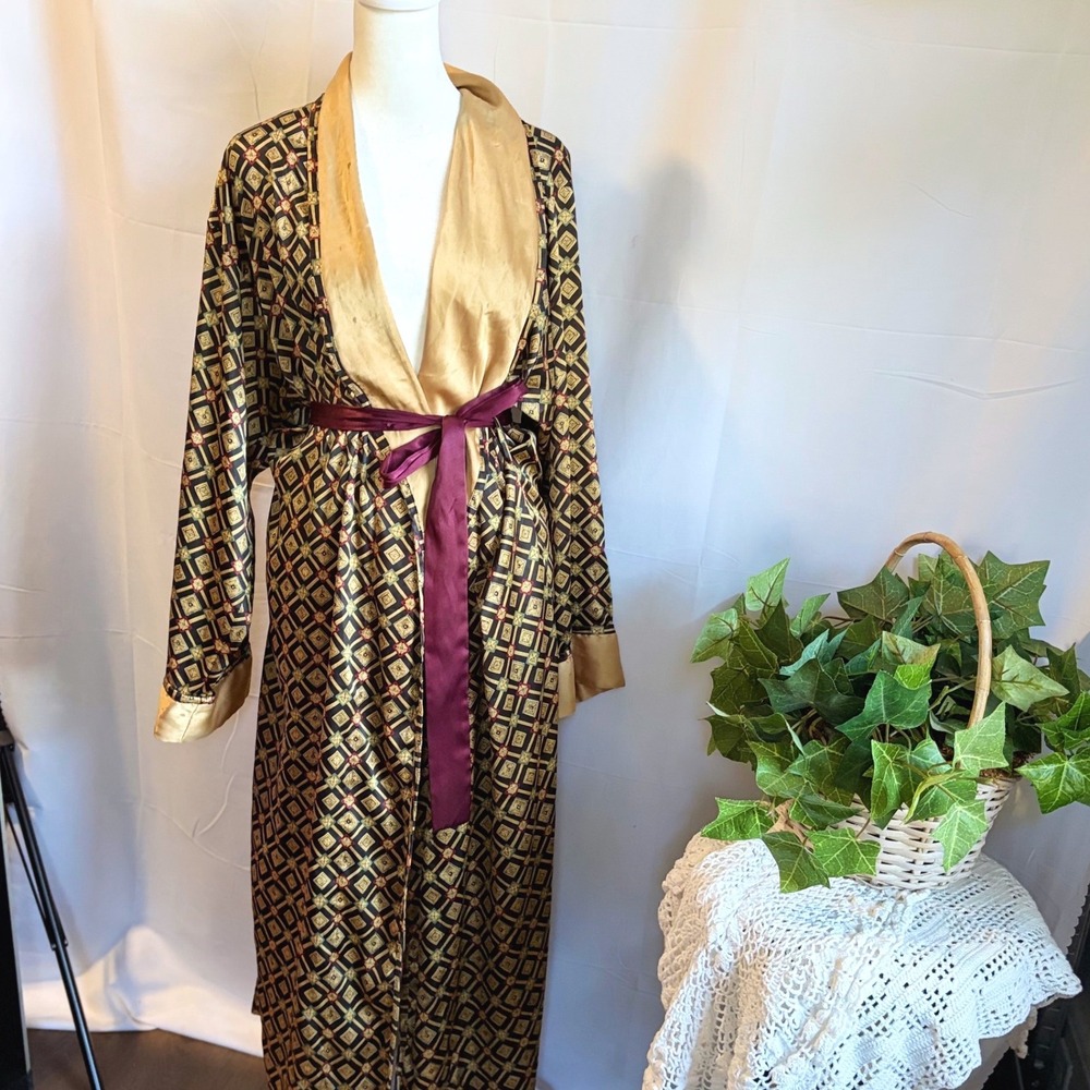 Vintage 2001 Victorias Secret Geometric Diamond Satin Long Robe Gold Black L